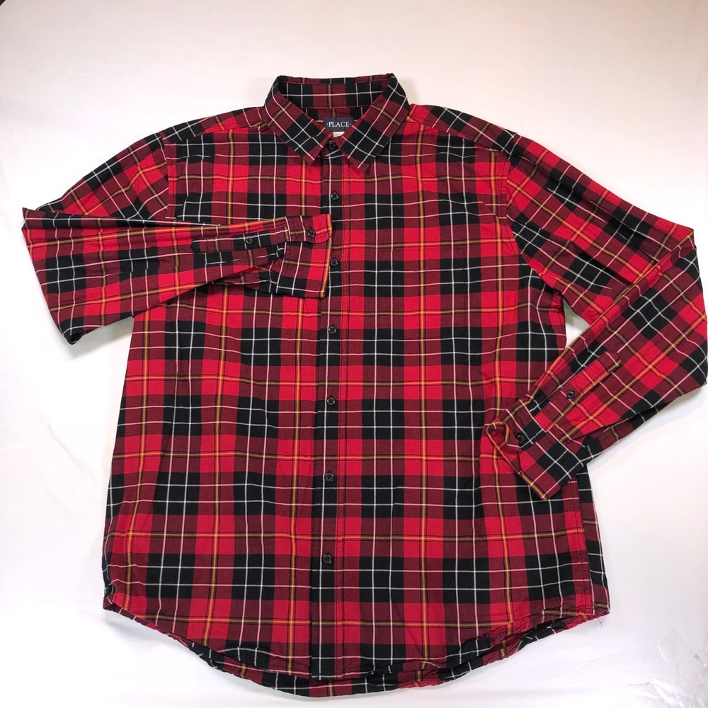 The Childrens Place Mens XL Red Black Plaid Button Down Flannel Style Shirt